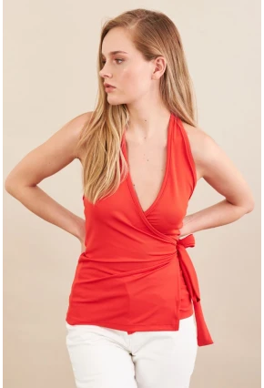 Kadın Kırmızı Sırtı Açık Kruvaze Bluz Ey3095