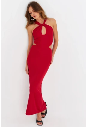 Kadın Kırmızı Sırtı Açık Pencereli Maxi Elbise DCF232