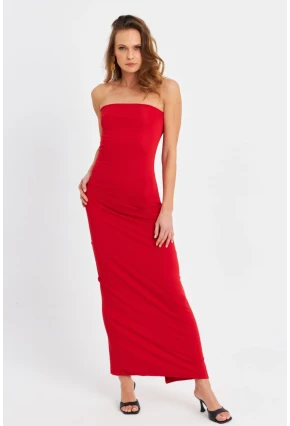 Kadın Kırmızı Straplez Yırtmaçlı Midi Elbise XC005