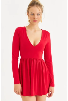 Kadın Kırmızı V Yaka Mini Elbise LİK17