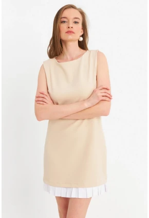 Kadın Krem Kontrast Pileli Mini Elbise FRY100