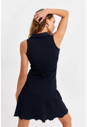 Kadın Lacivert Bağlama  Detaylı Kaşkorse Mini Elbise FRY2271