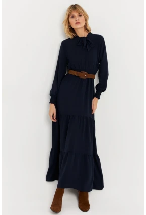 Kadın Lacivert Boyun Bağlamalı Maxi Elbise MASF217