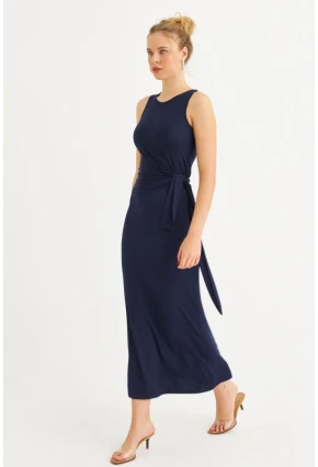 Kadın Lacivert Büzgülü Kolsuz Midi Elbise TF75