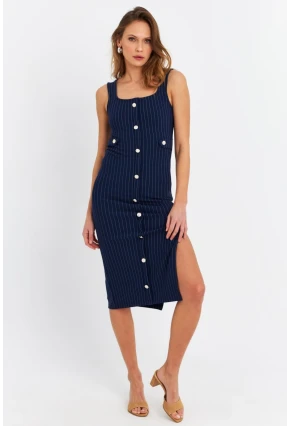 Kadın Lacivert Düğme Aksesuarlı Çizgili Midi Elbise SDY1253