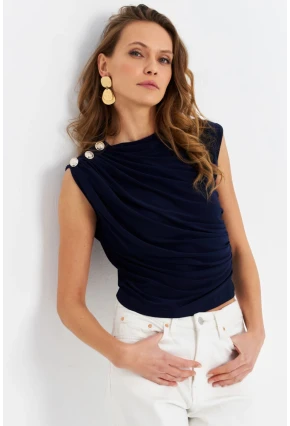 Kadın Lacivert Düğme Detaylı Büzgülü Bluz LPP1205-1