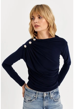 Kadın Lacivert Düğme Detaylı Büzgülü Bluz LPP1223-1
