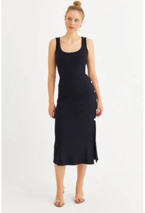 Kadın Lacivert Düğme Detaylı Kaşkorse Midi Elbise EY2837