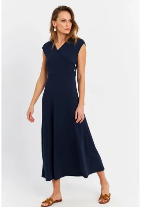 Kadın Lacivert Düğme Detaylı Kruvaze Midi Elbise MEY0011