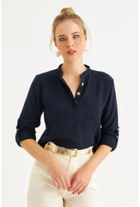 Kadın Lacivert Düğmeli Keten Gömlek Bluz BTH17