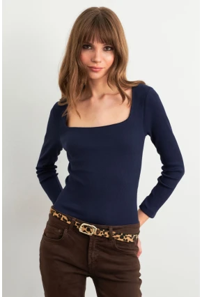 Kadın Lacivert Kare Yaka Kaşkorse Bluz GA101