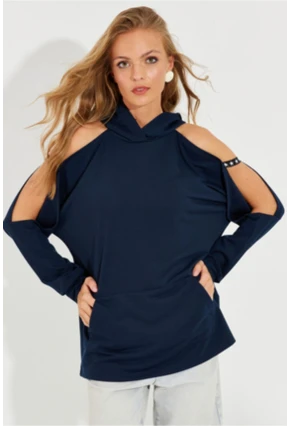 Kadın Lacivert Kolları Açık Kapüşonlu Sweatshirt Yİ2356