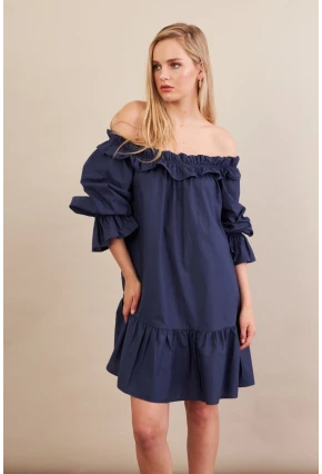 Kadın Lacivert Madonna Yaka Midi Elbise PSG1012