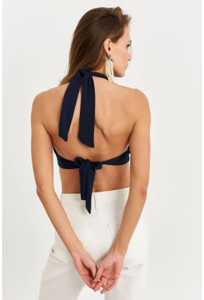 Kadın Lacivert Sırt Ve Boyun Bağlamalı Bluz EY1472