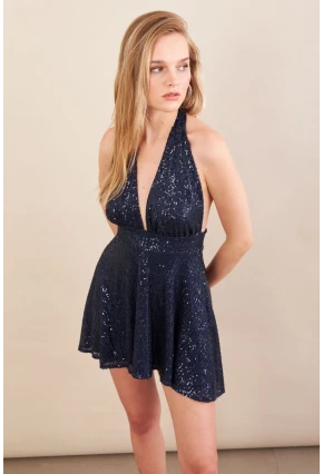Kadın Lacivert Sırtı Açık Payetli Astarlı Mini Elbise DCF046