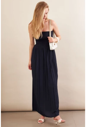 Kadın Lacivert Straplez Yaka Midi Elbise MSİ100