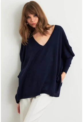 Kadın Lacivert V Yaka Salaş Bluz YV304