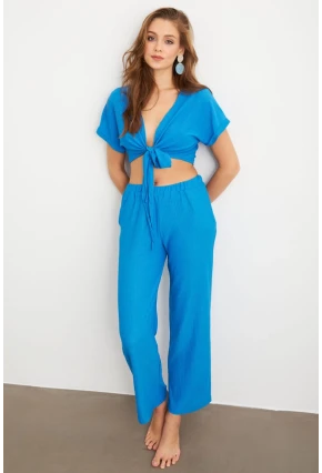 Kadın Mavi Bağlamalı Bürümcük Takım Q1012