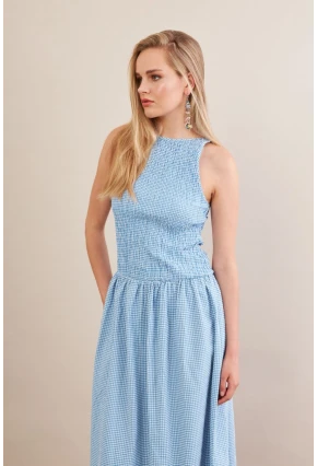 Kadın Mavi Beli Lastikli Gipeli Midi Elbise ZH130