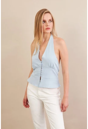 Kadın Mavi Boyun Bağlamalı Keten Yelek FS129
