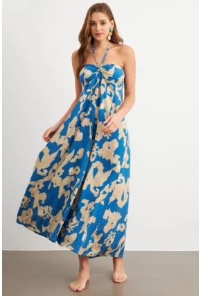 Kadın Mavi Büzgülü Desenli Midi Elbise KAB304