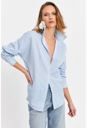 Kadın Mavi Çizgili Oversize Gömlek ZER420