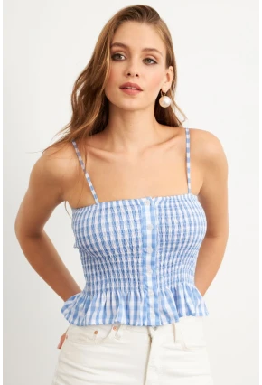 Kadın Mavi Ekose Lastikli Crop Bluz MTK13397