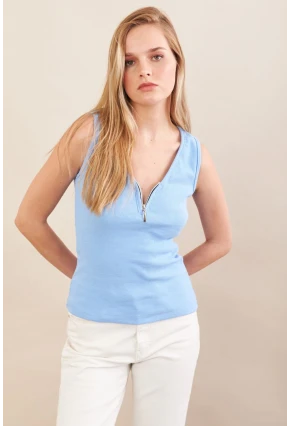 Kadın Mavi Fermuarlı Kaşkorse Bluz EY3106