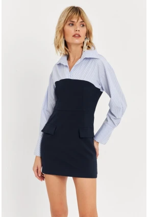 Kadın Mavi Gömlek Bloklu Mini Elbise KED3072