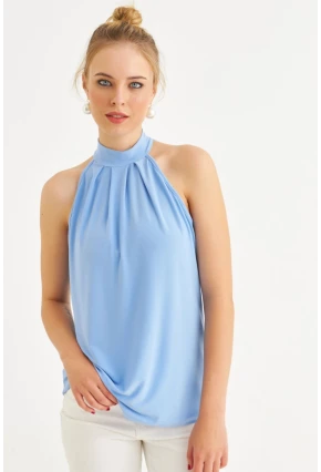 Kadın Mavi Halter Yaka Desenli Bluz LPP1273