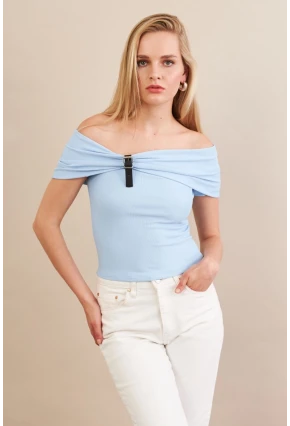 Kadın Mavi Kemer Detaylı Bluz FRY2316
