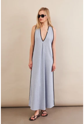 Kadın Mavi Kontrast Çizgili Maxi Keten Elbise MSİ101