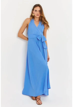 Kadın Mavi Kruvaze Bürümcük Maxi Elbise EY3053