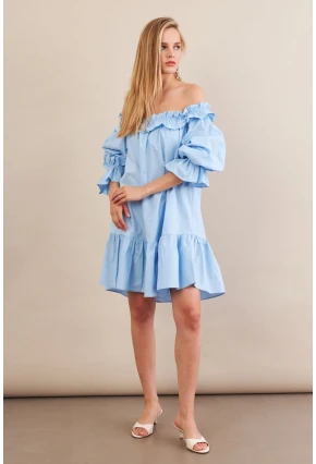 Kadın Mavi Madonna Yaka Midi Elbise PSG1012