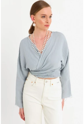 Kadın Mavi Müslin Crop Bluz PC20700