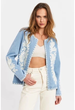 Kadın Mavi Nakışlı Mevsimlik Denim Premium Ceket QS5583