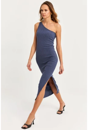 Kadın Mavi Omuz Aksesuarlı Kolsuz Midi Elbise MOD2400