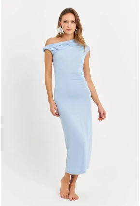 Kadın Mavi Omuz Düğümlü Degaje Midi Elbise EY3054