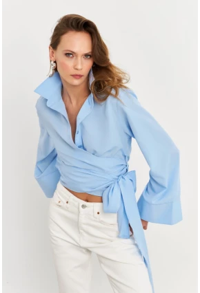 Kadın Mavi Önü Bağlamalı İspanyol Kol Gömlek MON142