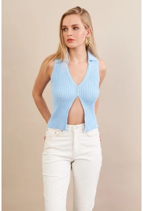 Kadın Mavi Polo Yaka Yumoş Yelek ZH050