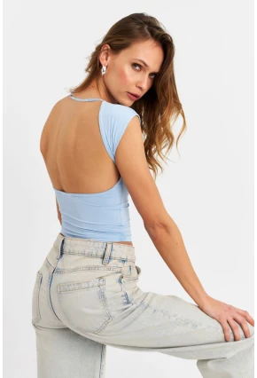 Kadın Mavi Sırtı Açık Crop Bluz ZH083