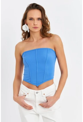 Kadın Mavi Straplez Crop Bluz B6081