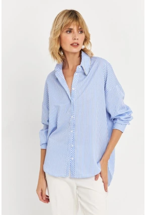 Kadın Mavi Taş Detaylı Çizgili Gömlek KED4088