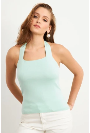 Kadın Mint Boyundan Bağlamalı Triko Bluz YV356