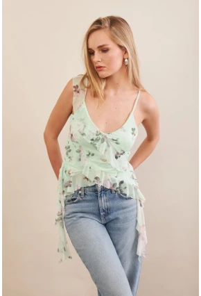 Kadın Mint Desenli Fırfırlı Şifon Bluz FS033