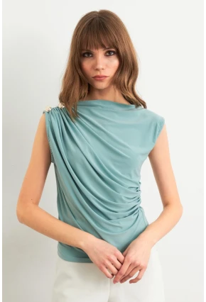 Kadın Mint Düğme Detaylı Büzgülü Bluz LPP1205-1