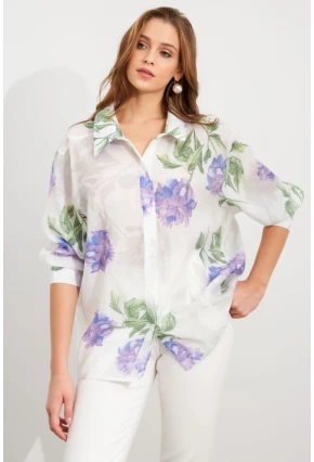 Kadın Mor Çiçek Desenli İnce Keten Gömlek MCAR1068