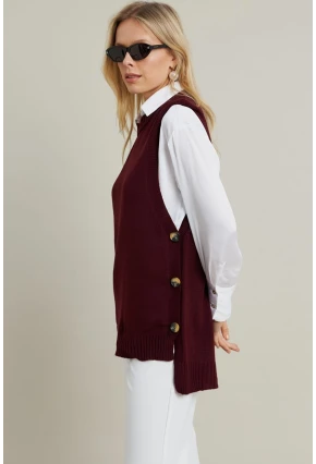 Kadın Mürdüm Yanları Düğmeli Kolsuz Triko Tunik YV75