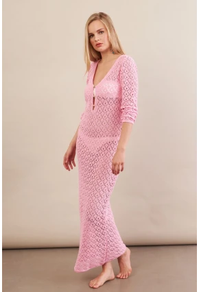 Kadın Pembe Aksesuarlı Triko Plaj Elbisesi KZ3237-90