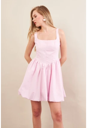 Kadın Pembe Askılı Mini Balon Elbise ERL105